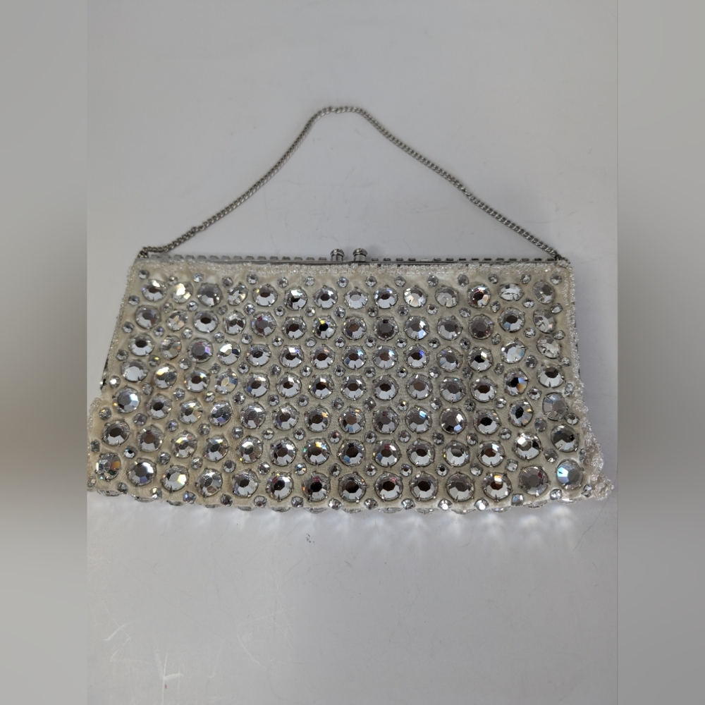 Vintage Rhinestone Infused Vintage Silver Crystal-Embellished Clutch.